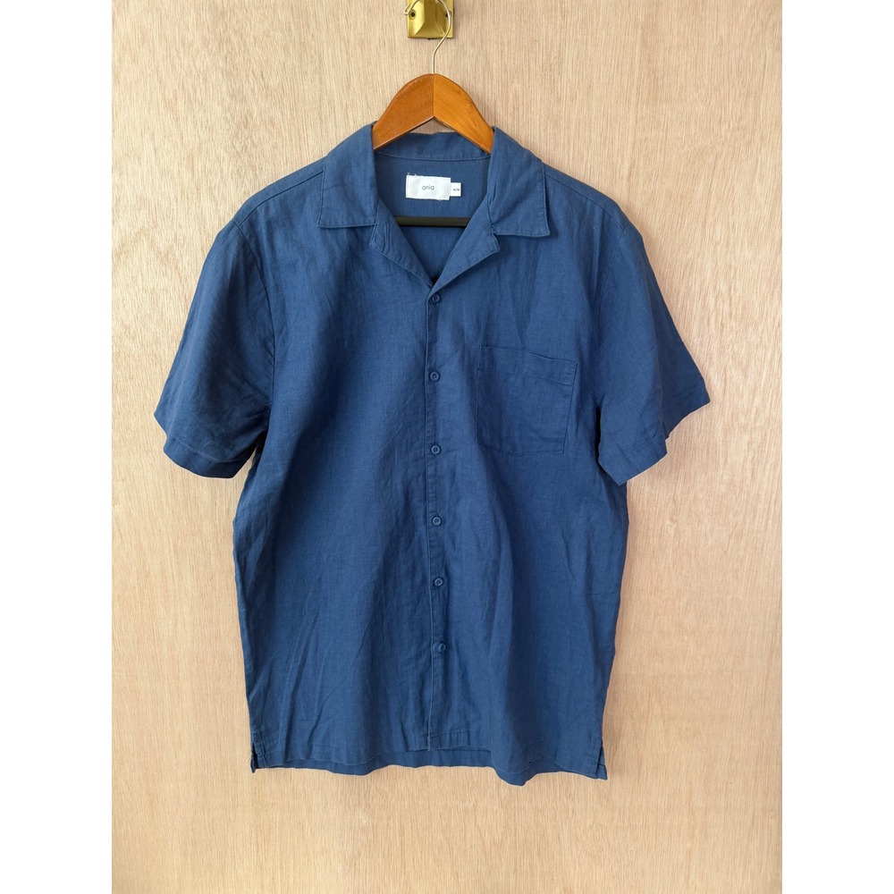 Onia Mens Medium Navy Blue Linen Short Sleeve Camp Collar Button Up Shirt